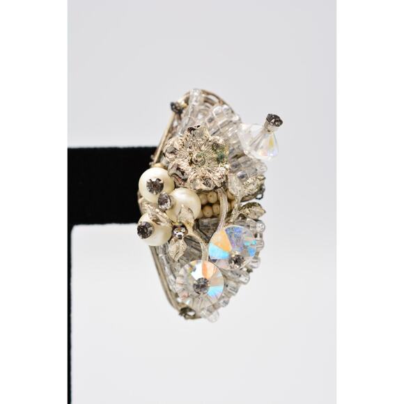 Vintage Clip Earrings Rhinestone Crystal AB Cluster Pearl Chunky 1980s BinAK - Picture 7 of 12